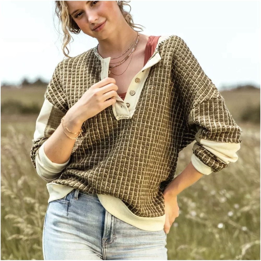 Gimmicks Checker Henley Sweater Women Small‎ Dark Olive Wool Blend Boho Hippie